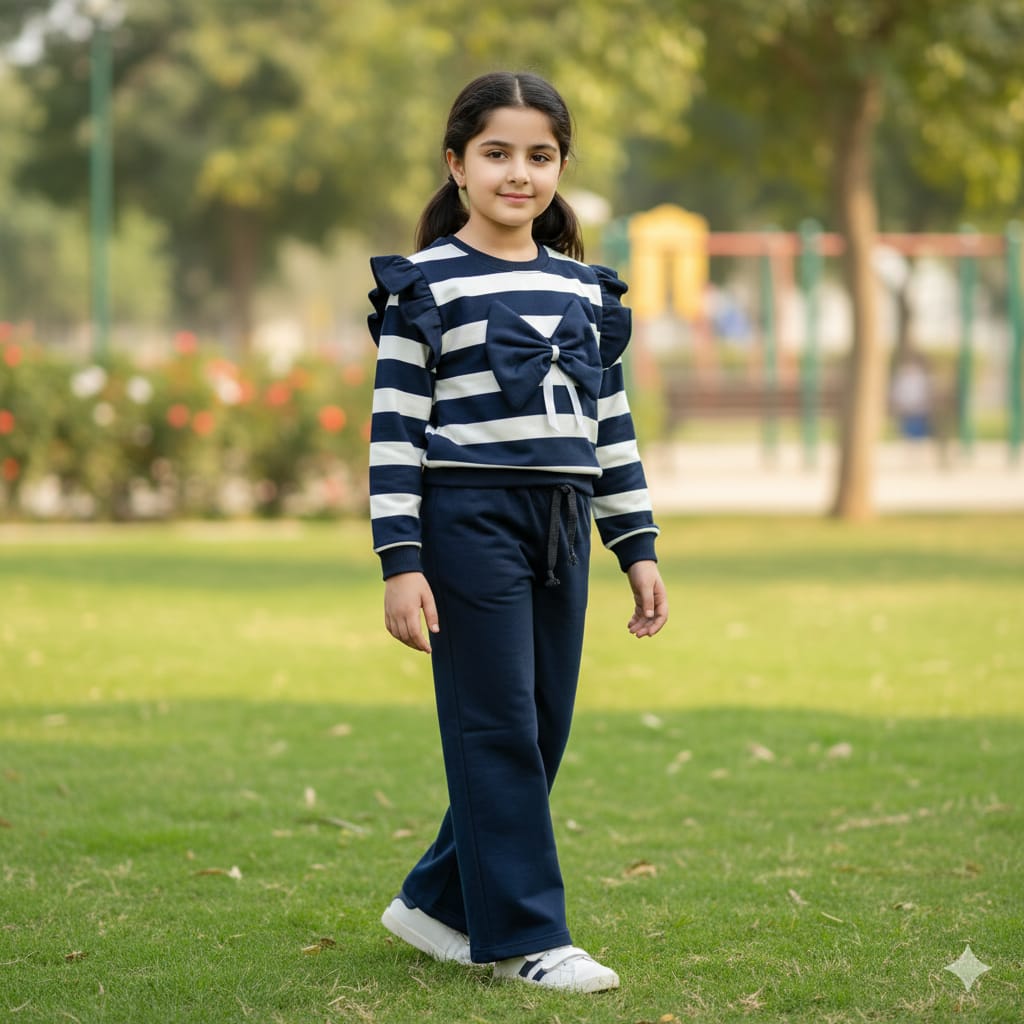 Navy & White Striped Bow Top and Wide-Leg Pants Set