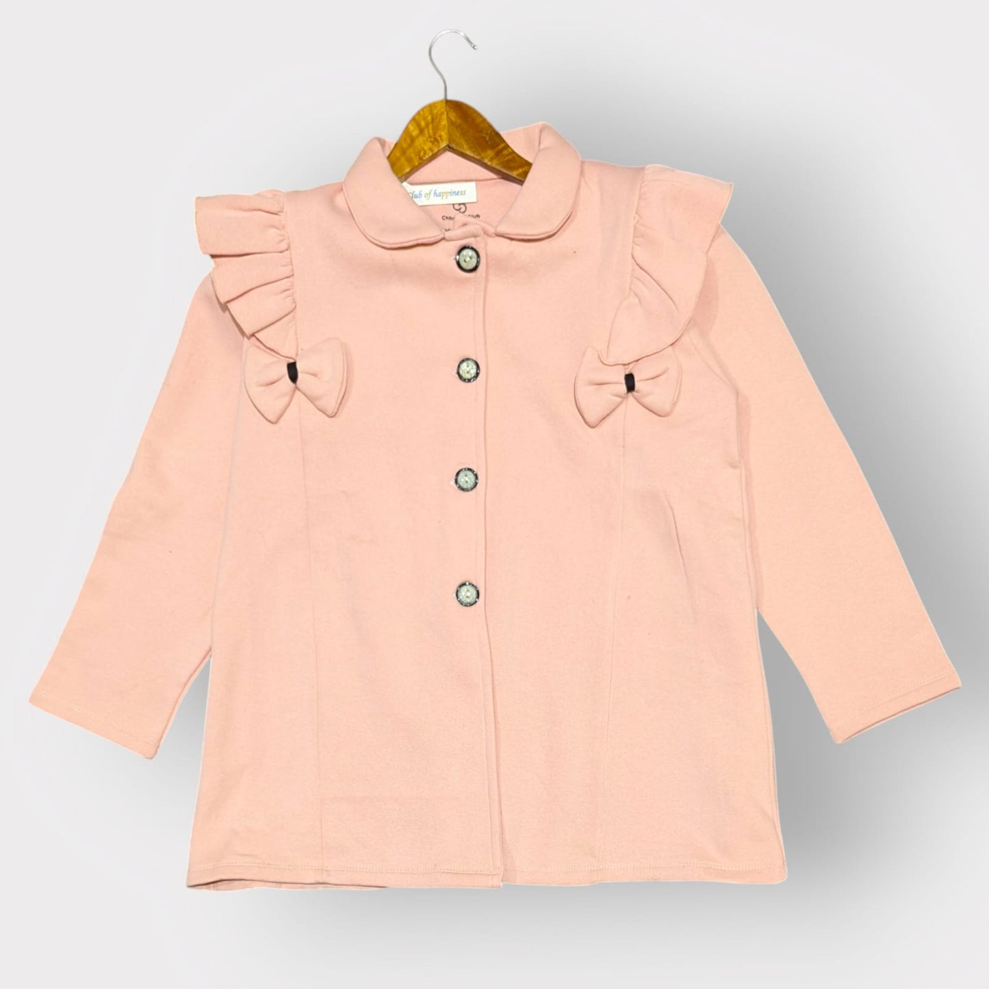 Elegant Pink Ruffle & Bow Button-Up Coat