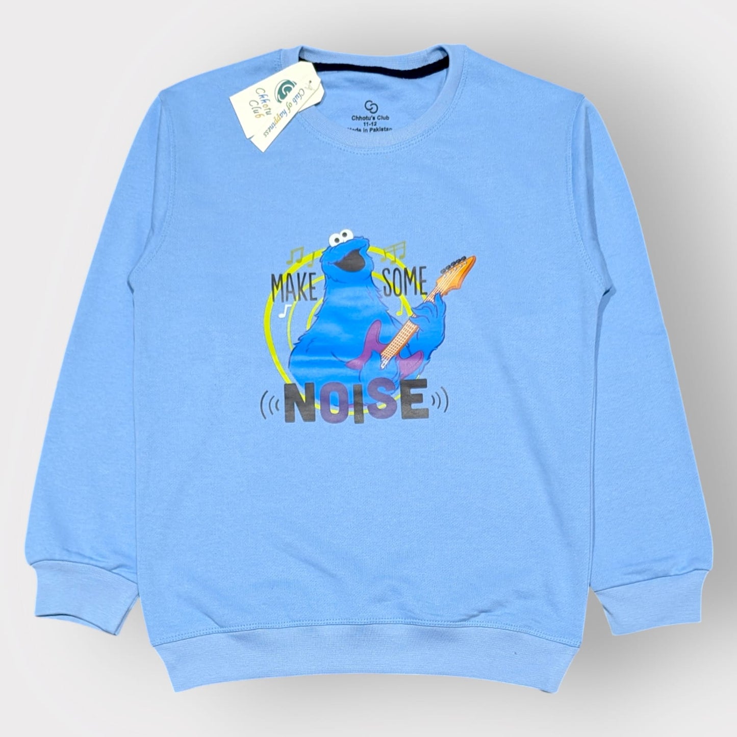 Kids “Make Some Noise” Blue Sweatshirt Guitar-Playing Monster Print