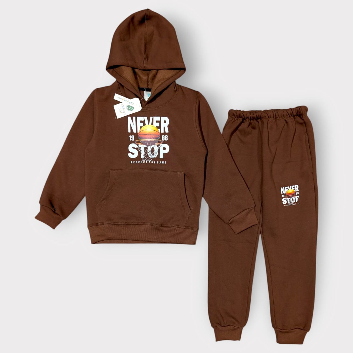 Kids Brown “Never Stop” Hoodie & Jogger Tracksuit Set