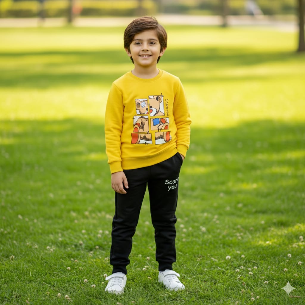 Kids Yellow “Scare You” Teddy Sweatshirt & Black Jogger Set