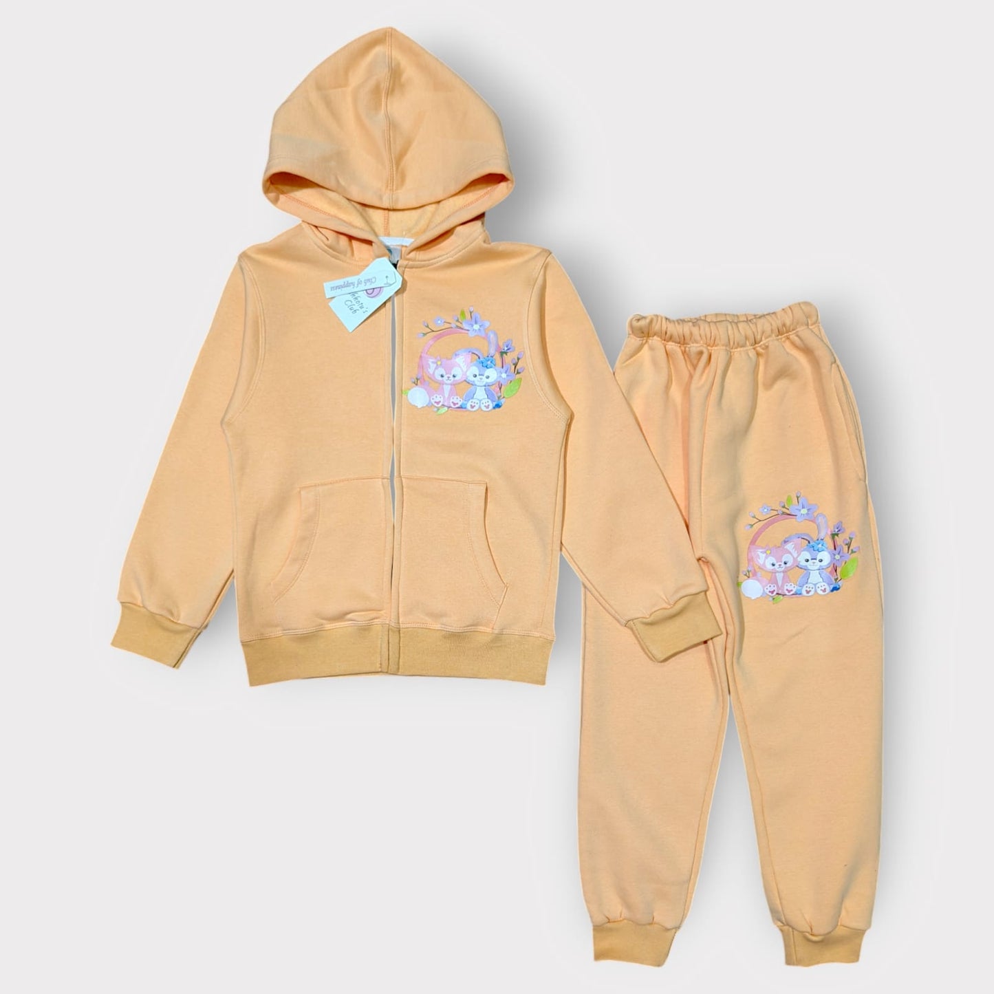 Kids Peach Hooded Tracksuit Set with Cute Animal Print