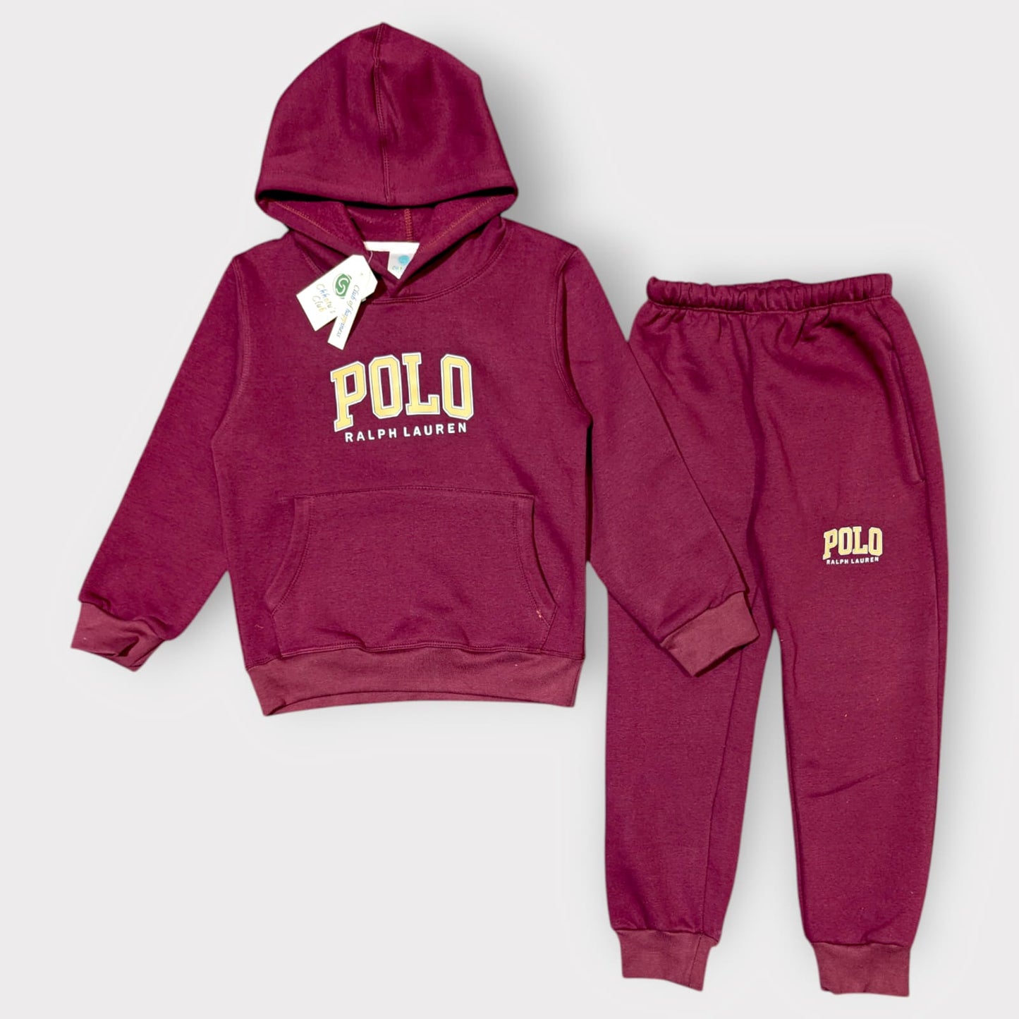 Kids Maroon Hoodie & Jogger Tracksuit with “POLO” Print