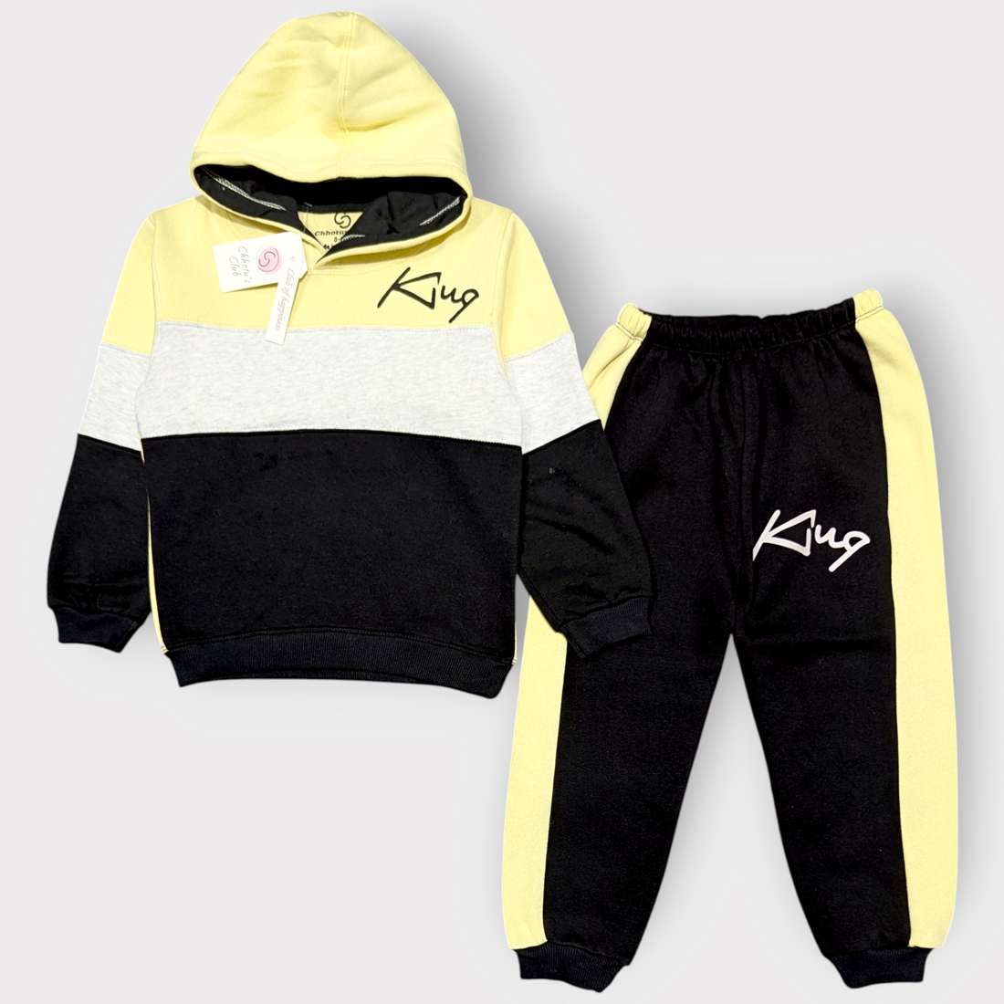 Yellow, Grey & Black Color Block Hoodie and Jogger Set