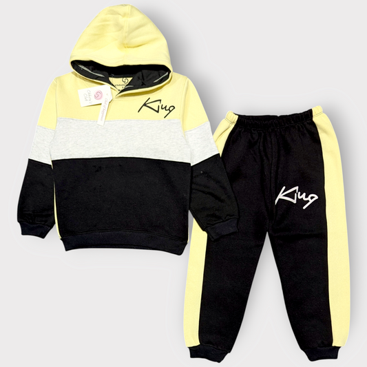Yellow, Grey & Black Color Block Hoodie and Jogger Set