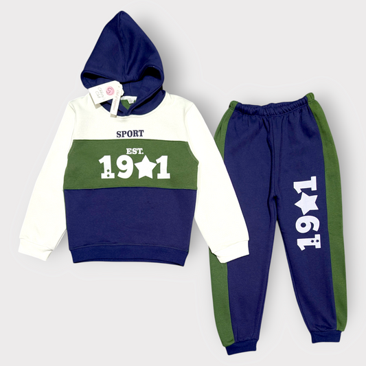 Navy, White & Green Sporty Hoodie and Jogger Set