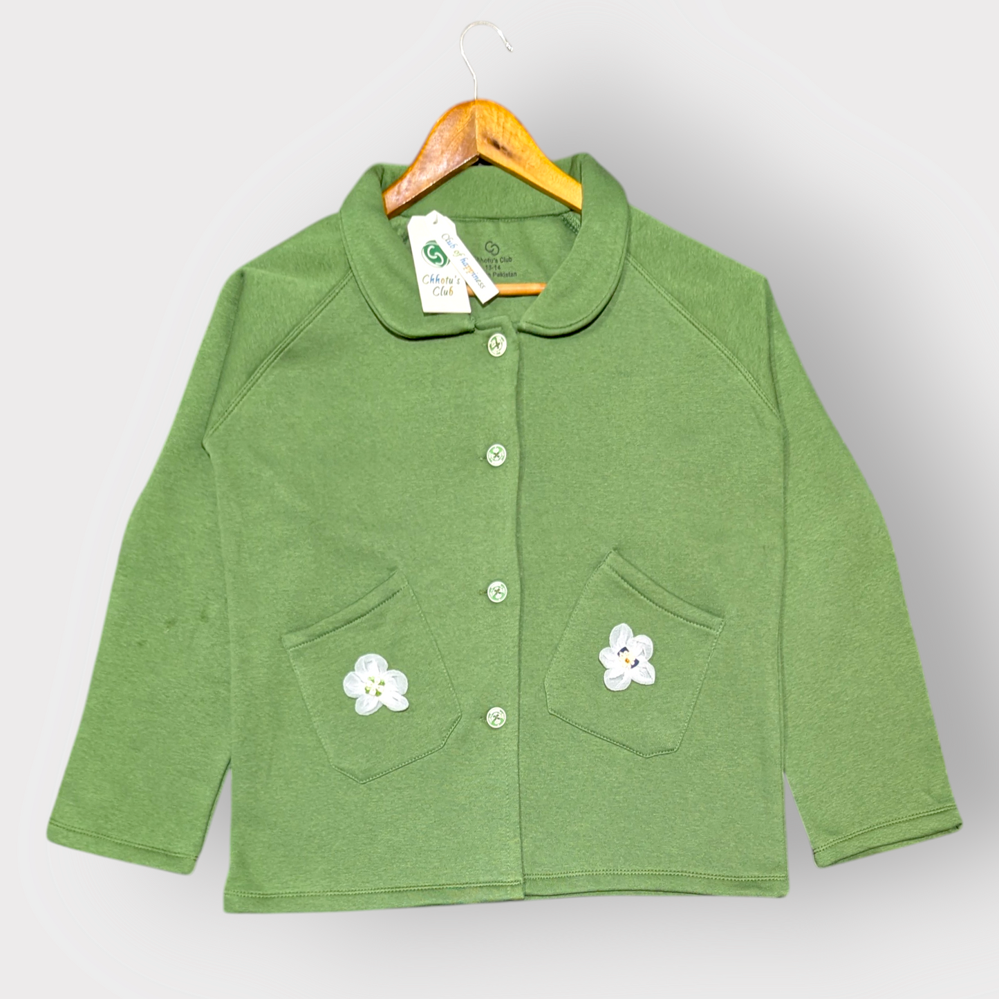 Green Button-Up Jacket with Floral Pocket