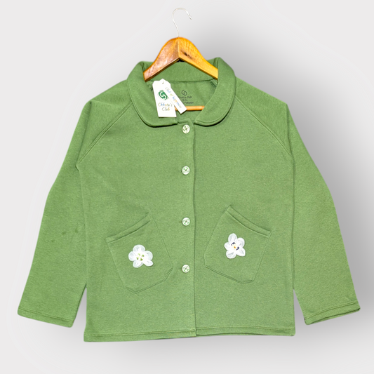 Green Button-Up Jacket with Floral Pocket