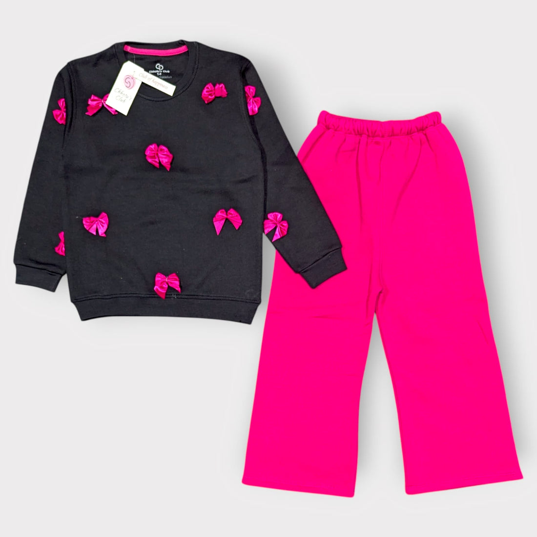 Chic Bows Girls' Sweatshirt & Pants Set – Black & Hot Pink