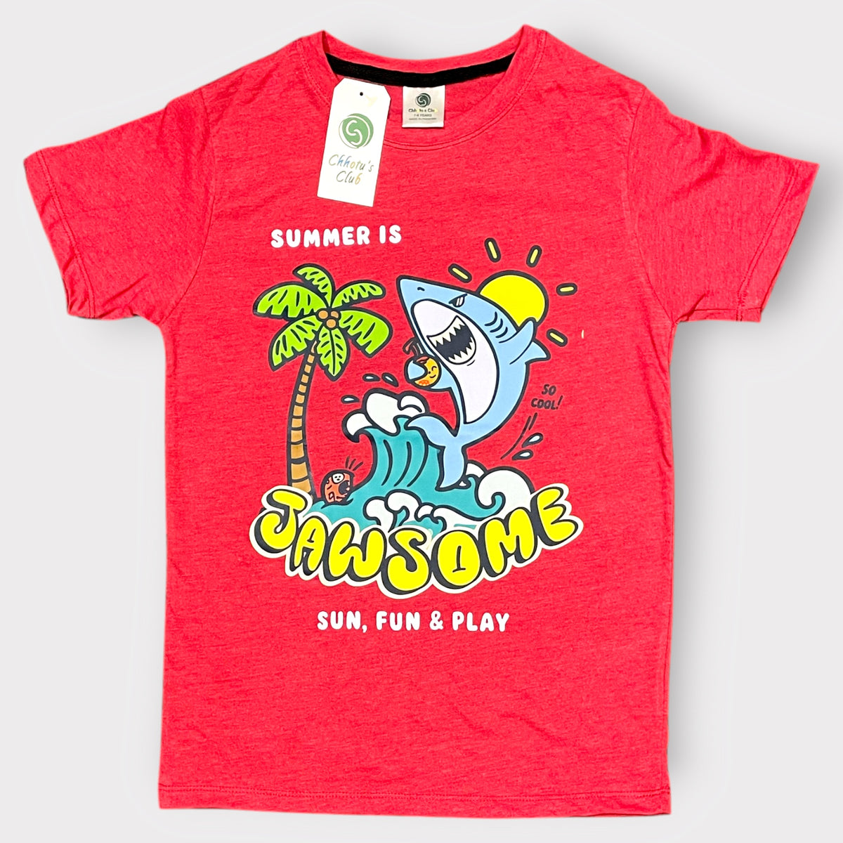 Kids Summer Shark Graphic T-Shirt – Bright Pink “Jawsome” Cartoon Tee