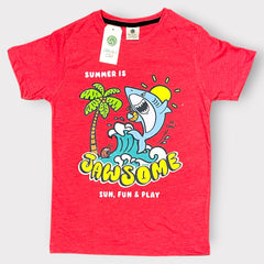Kids Summer Shark Graphic T-Shirt – Bright Pink “Jawsome” Cartoon Tee