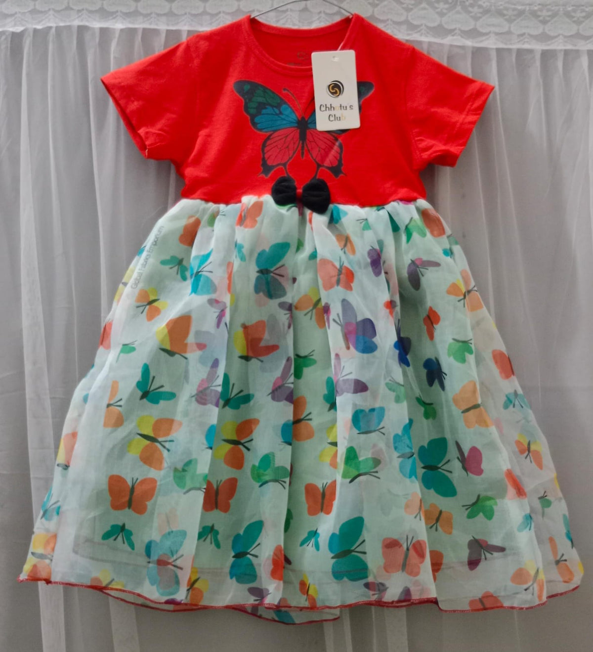 Girls’ Butterfly Print Party Dress – Coral Red & Multicolor Tulle Dress