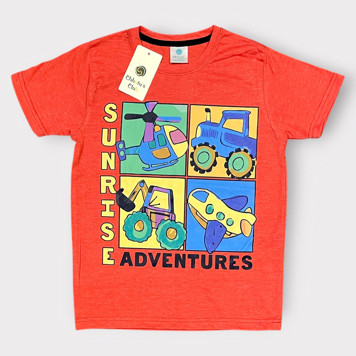 Kids Sunrise Adventures Graphic T-Shirt – Bright Orange Vehicle Print Tee