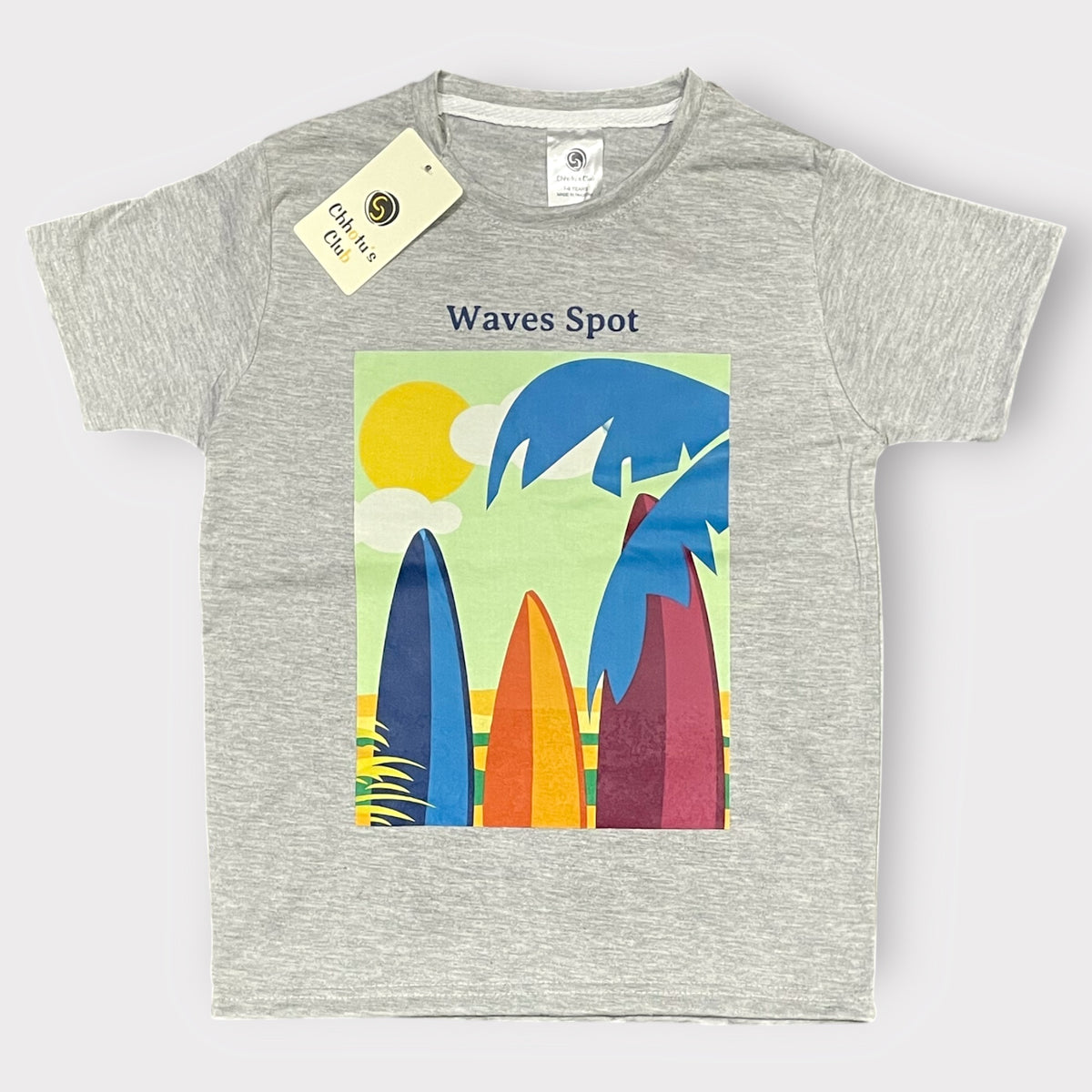Kids Waves Spot Graphic T-Shirt – Grey Beach Surf Print Tee