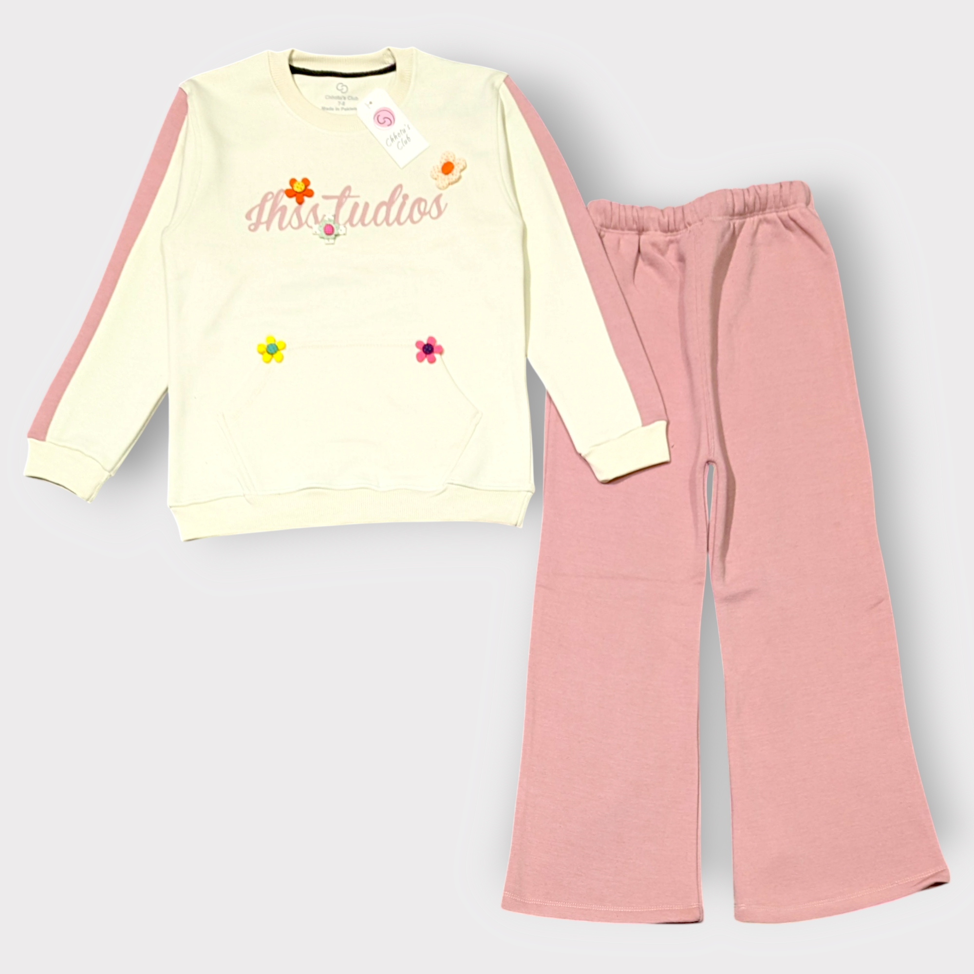 Cream & Pink Floral Sweatshirt and Wide-Leg Pants Set