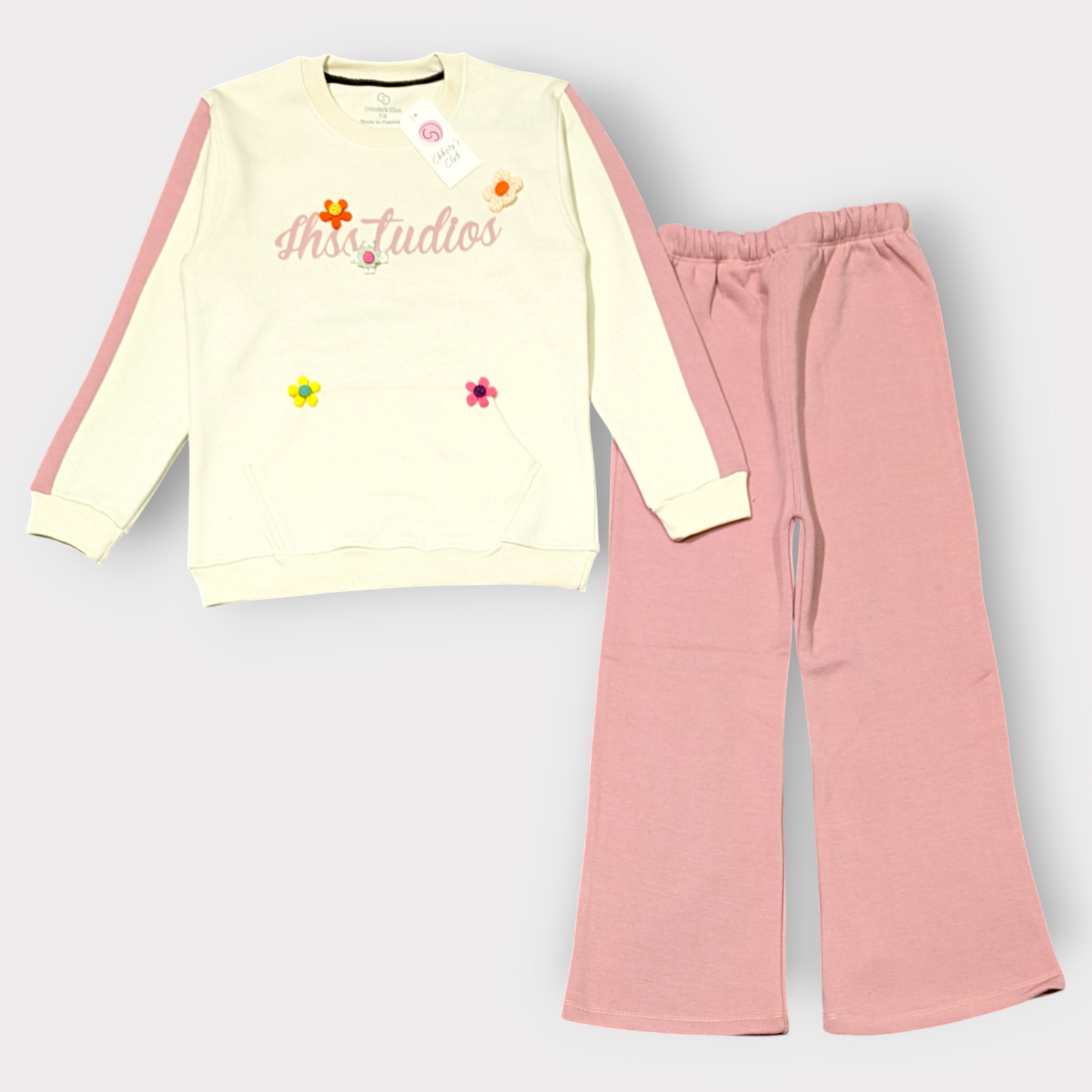 Cream & Pink Floral Sweatshirt and Wide-Leg Pants Set