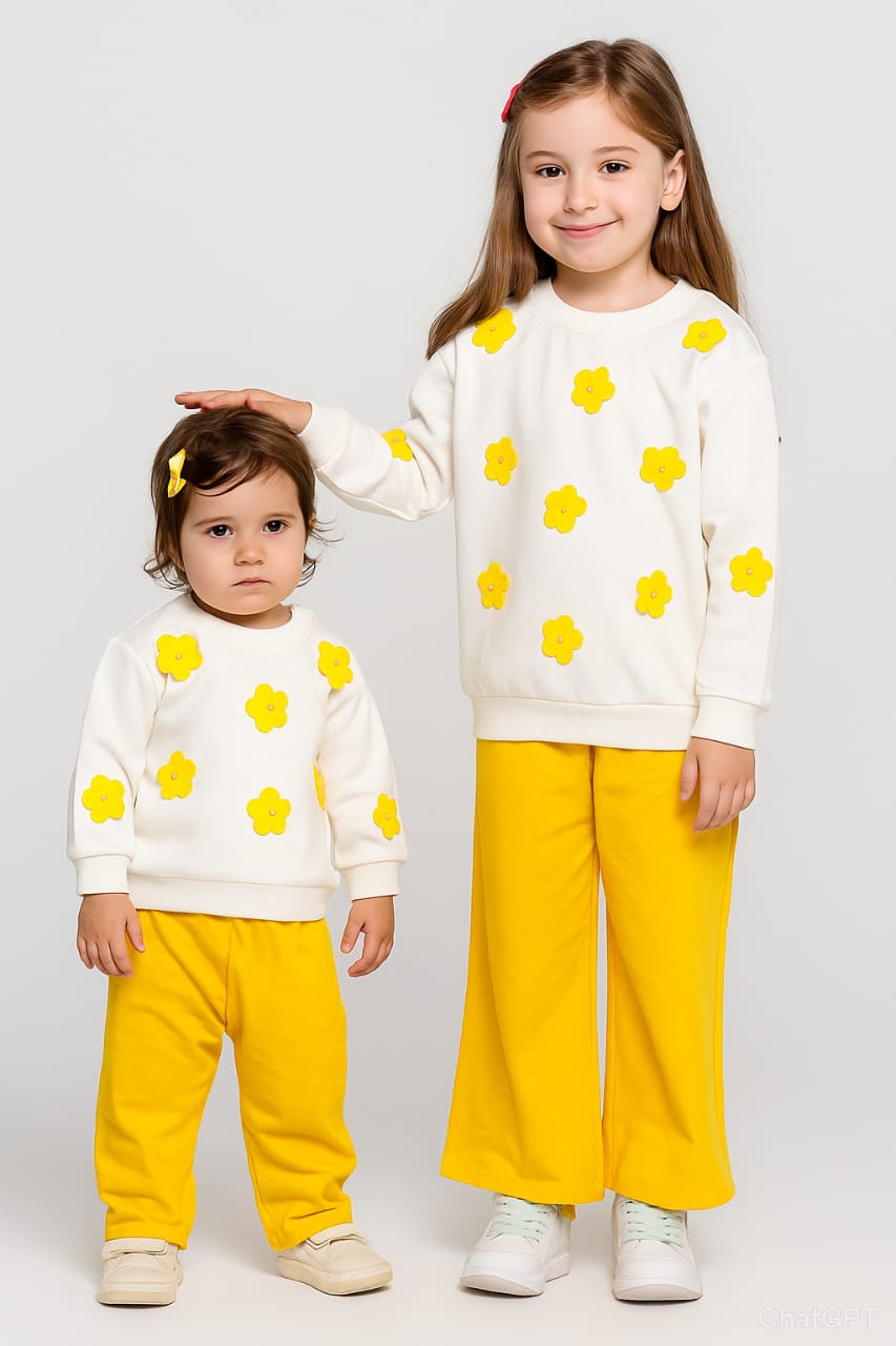 Yellow Flower Sweatshirt & Wide-Leg Pants Set