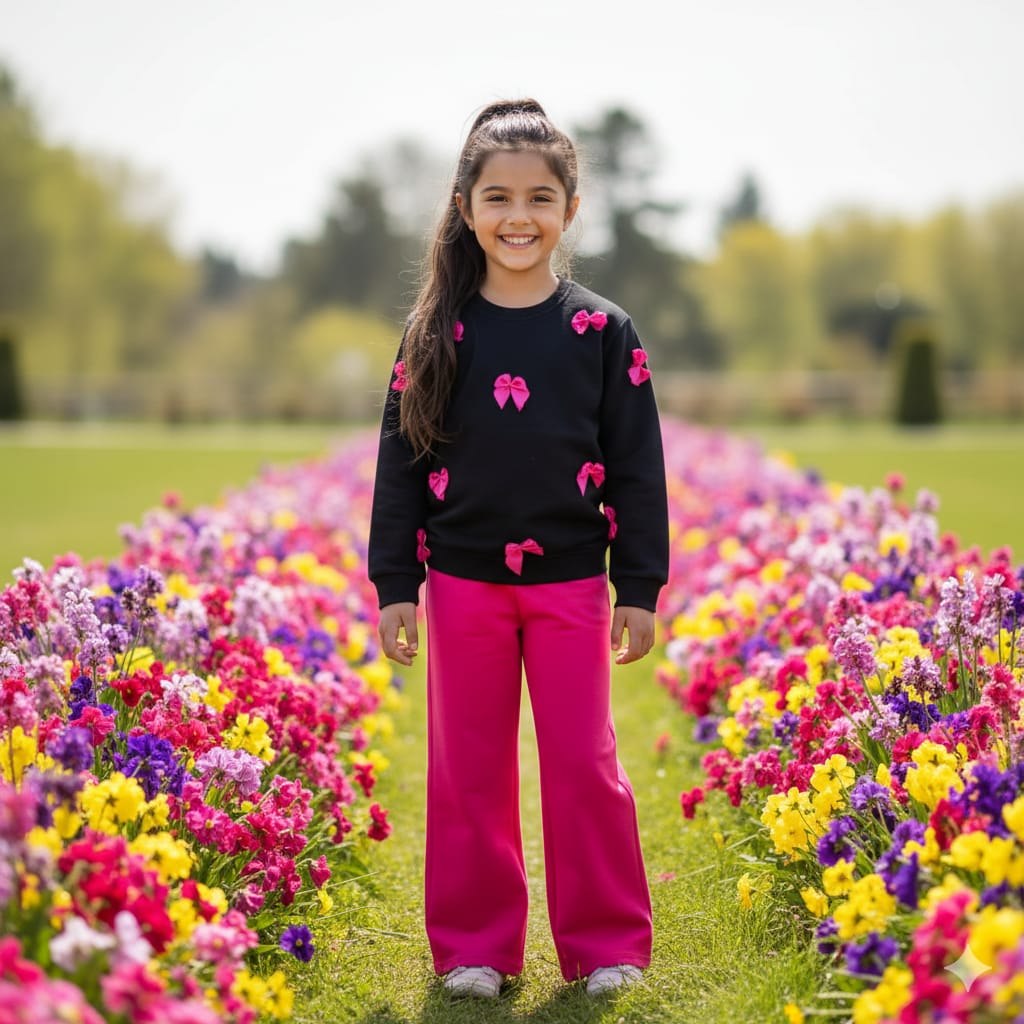 Chic Bows Girls' Sweatshirt & Pants Set – Black & Hot Pink