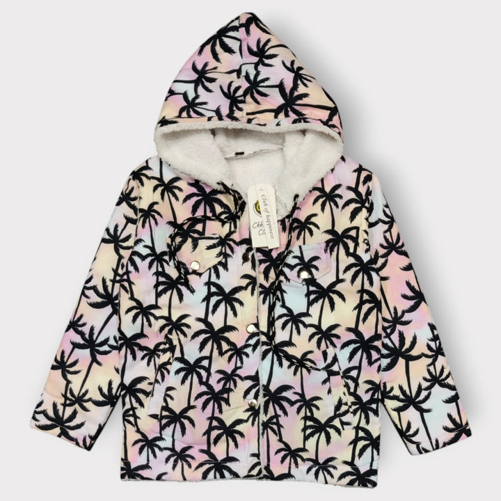 Pastel Palm Tree Hooded Jacket – Soft Sherpa Lined Winter Coat