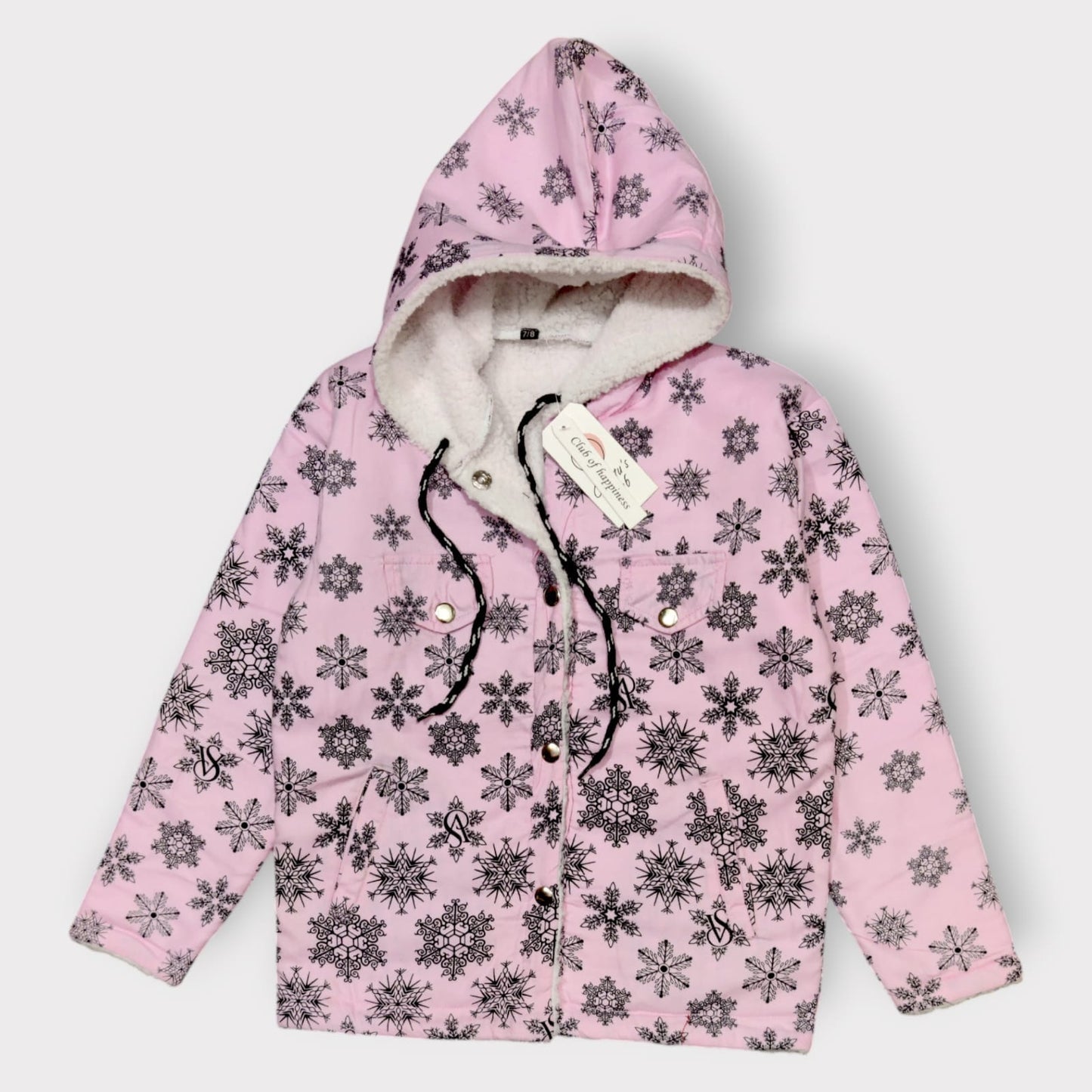 Pink Snowflake Printed Hooded Winter Jacket
