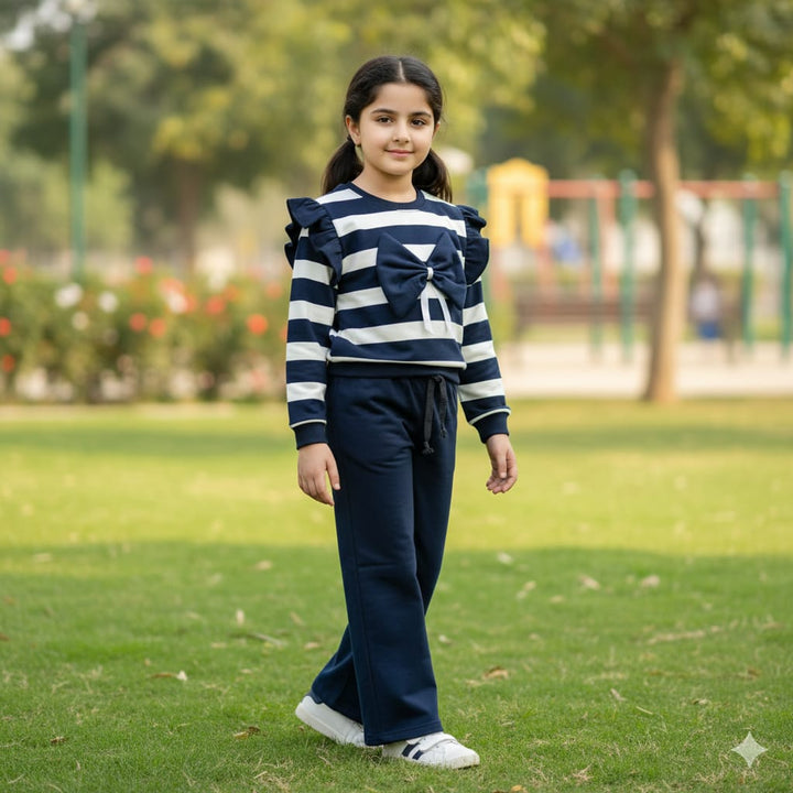 Navy & White Striped Bow Top and Wide-Leg Pants Set