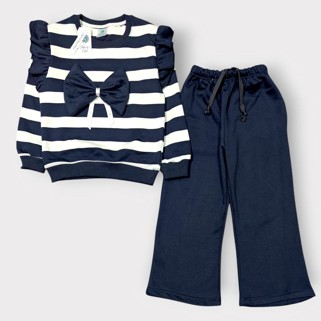 Navy & White Striped Bow Top and Wide-Leg Pants Set