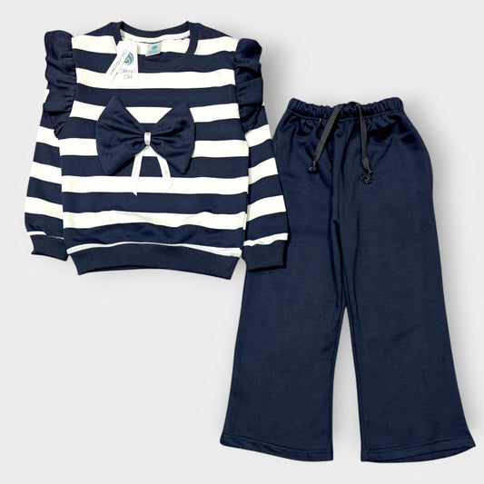 Navy & White Striped Bow Top and Wide-Leg Pants Set