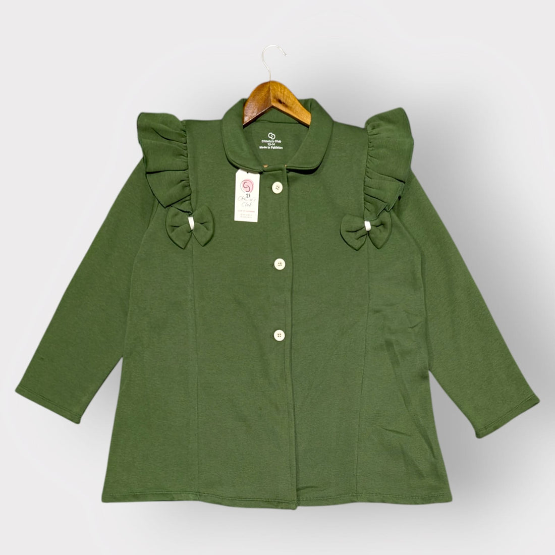 Elegant Pink Ruffle & Bow Button-Up Coat