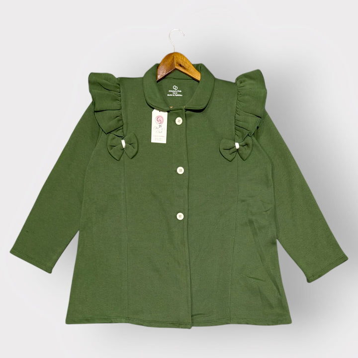 Elegant Pink Ruffle & Bow Button-Up Coat