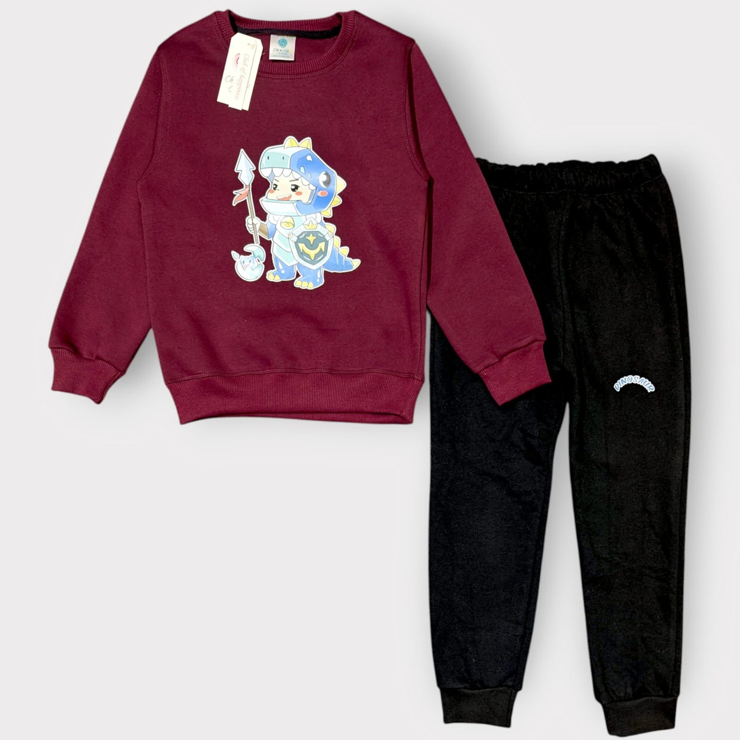 Kids’ Maroon Dino Warrior Sweatshirt & Black Jogger Set