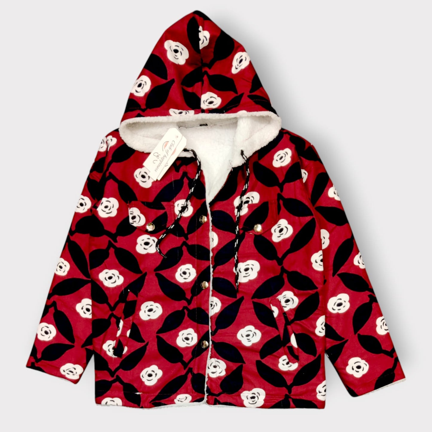 Cozy Floral Hooded Jacket – Red & Black Winter Warmth