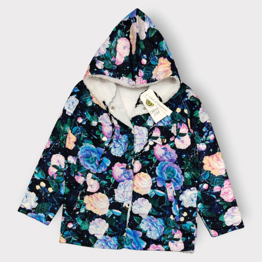 Midnight Bloom Hooded Jacket – Floral Sherpa Lined Winter Coat