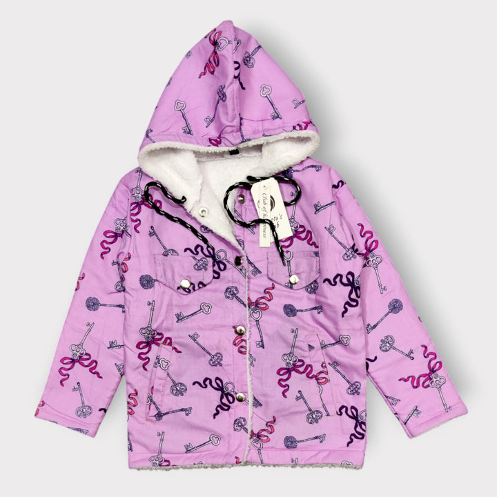 Purple Key Print Hooded Winter Jacket