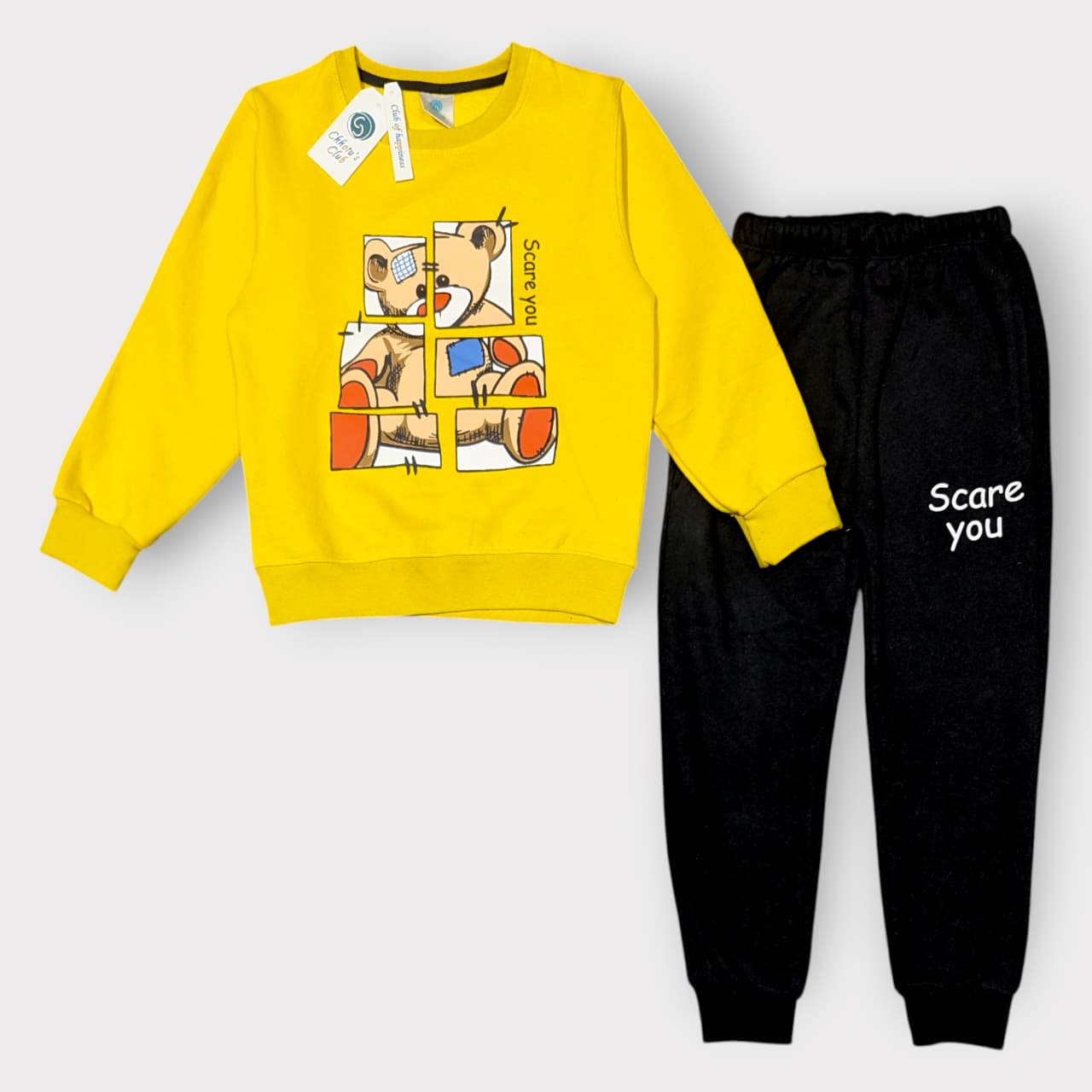 Kids Yellow “Scare You” Teddy Sweatshirt & Black Jogger Set