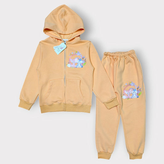 Kids Peach Hooded Tracksuit Set with Cute Animal Print
